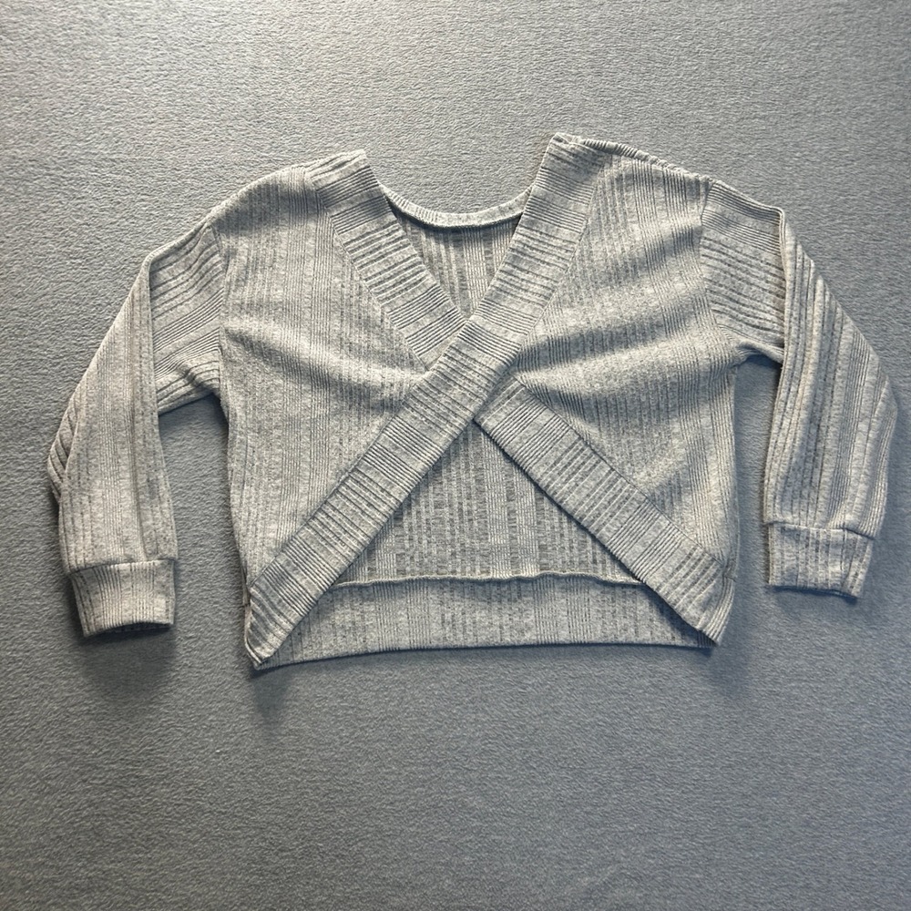 Ribbed Wrap Sweater Womens XL Gray Cropped Cozy Lounge Knit Top Balletcore